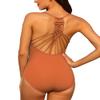 Firpearl Women's Halter One Piece Swimsuits Braid Macrame Ruched Tummy Control Swimwear Tangy Orange US6 view 2