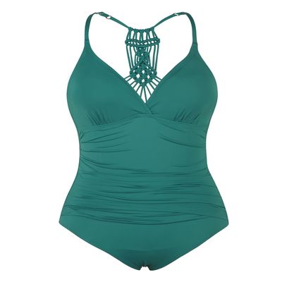 Firpearl Women's Halter One Piece Swimsuits Braid Macrame Ruched Tummy Control Swimwear Deep Emerald US6