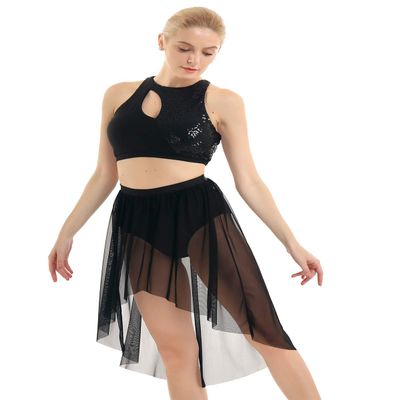 YEAHDOR Women's Girls 2 Pieces Lyrical Contemporary Dance Costume Outfits Sequins Crop Top with Asymmetric Skirt Set Black X-Large