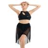YEAHDOR Women's Girls 2 Pieces Lyrical Contemporary Dance Costume Outfits Sequins Crop Top with Asymmetric Skirt Set Black X-Large view 3