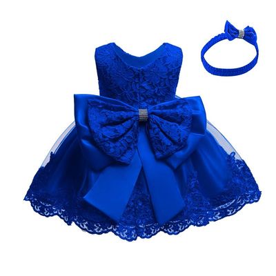 Baby Girl Formal Bowknot Floral Dress Lace Pageant Christening Baptism Embroidery Princess Birthday Wedding Party Flower Tutu Gown Bridesmaid Communion Boho Vintage Dress with Headband Dark Blue 3-4