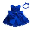 Baby Girl Formal Bowknot Floral Dress Lace Pageant Christening Baptism Embroidery Princess Birthday Wedding Party Flower Tutu Gown Bridesmaid Communion Boho Vintage Dress with Headband Dark Blue 3-4 view 1