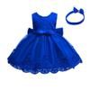 Baby Girl Formal Bowknot Floral Dress Lace Pageant Christening Baptism Embroidery Princess Birthday Wedding Party Flower Tutu Gown Bridesmaid Communion Boho Vintage Dress with Headband Dark Blue 3-4 view 2