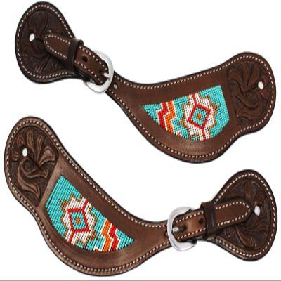 CHALLENGER Horse Western Tooled Leather Teal Beaded Inlay Cowgirl Cowboy Spur Straps 74RT04