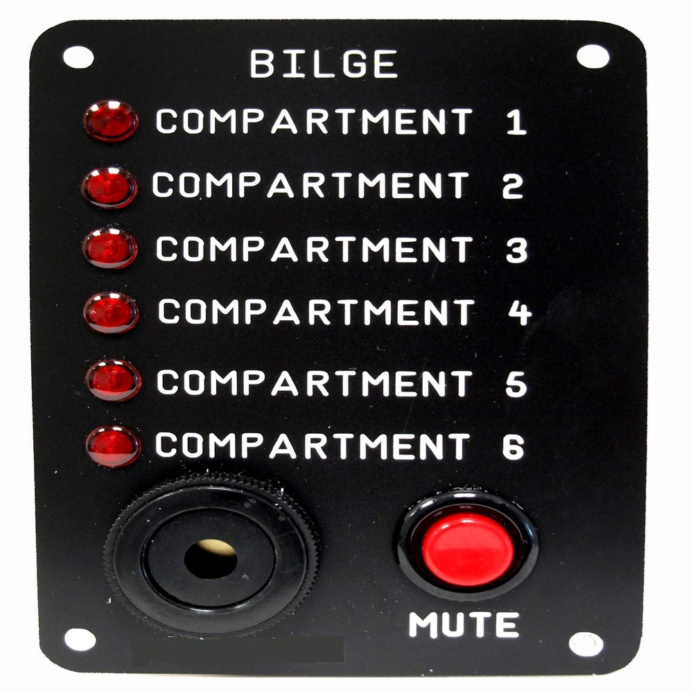 Skippers Six Compartment Bilge Alarm Panel, Customized Text, 12 v