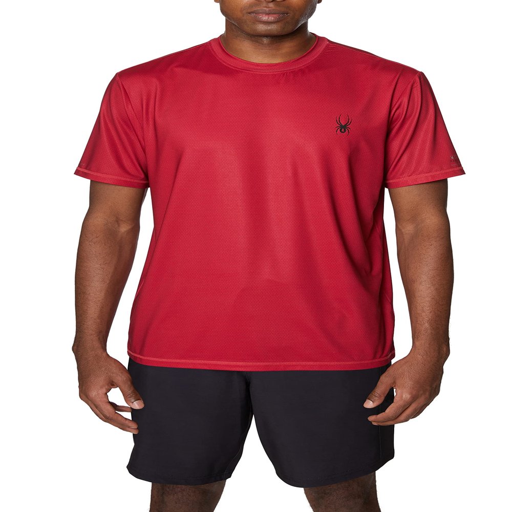 Spyder Men's Short Sleeve Rashguard  Quick-Dry Swim Shirt with Sun Protection, Performance Top, Crimson, Small