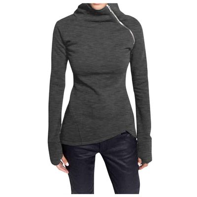 JOFOW Women Turtleneck Zipper Solid Color Basic Tops Casual Long Sleeve Slim Fit Pullover Dark Gray