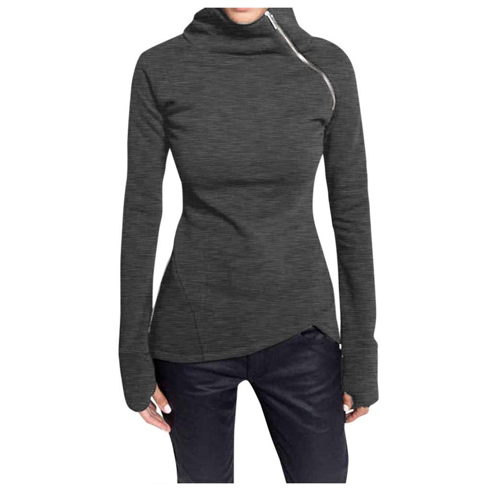 JOFOW Women Turtleneck Zipper Solid Color Basic Tops Casual Long Sleeve Slim Fit Pullover Dark Gray