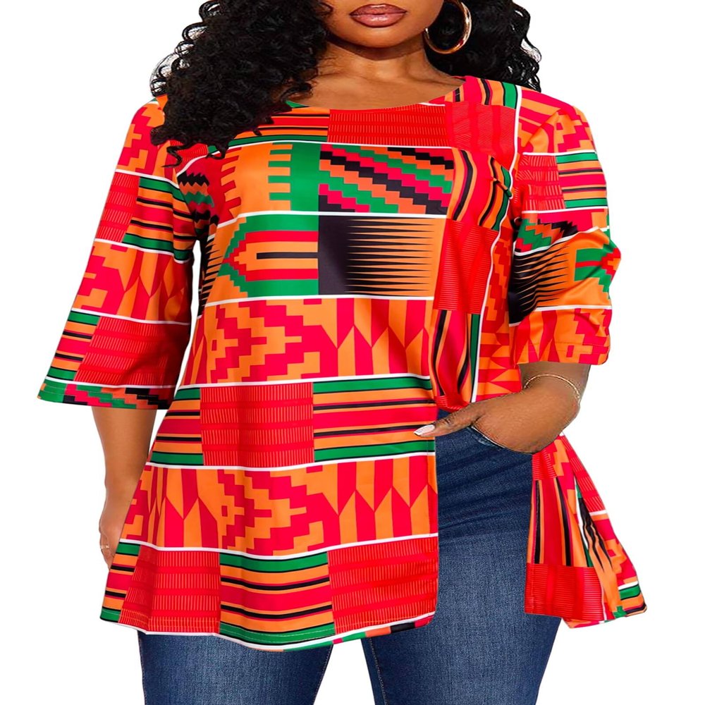 Afibi Womens Print Shirt African Dashiki 3/4 Sleeve Boho Loose Tunic Tops (Medium, Red)