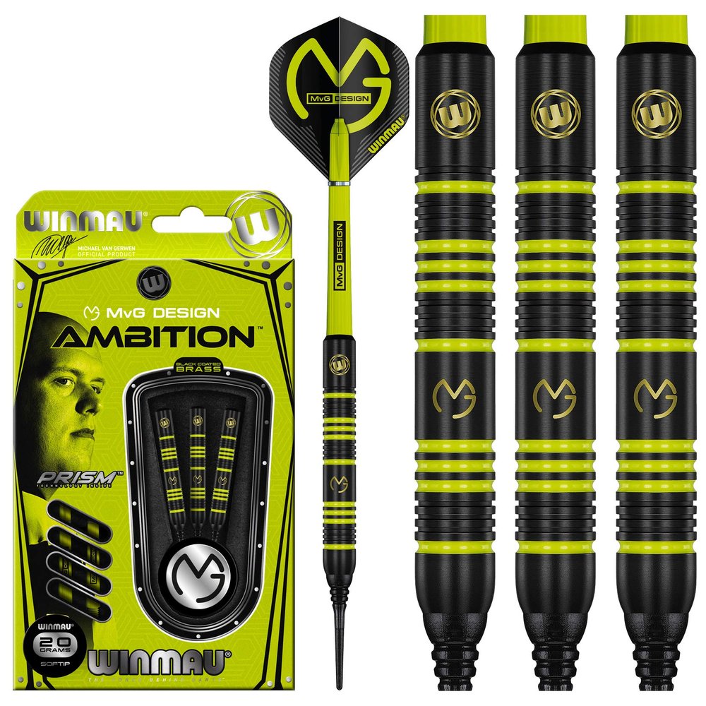 Winmau Michael Van Gerwen MvG Ambition Brass Softip Darts Set 20g with MvG Flights and Nylon Shafts (Stems)