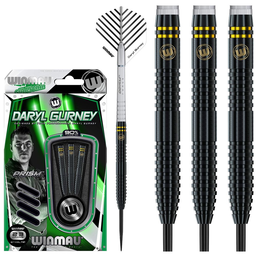 Winmau Daryl Gurney Black Special Edition Tungsten Steeltip Darts Set 23g with Player Flights and Prism Shafts (Stems)