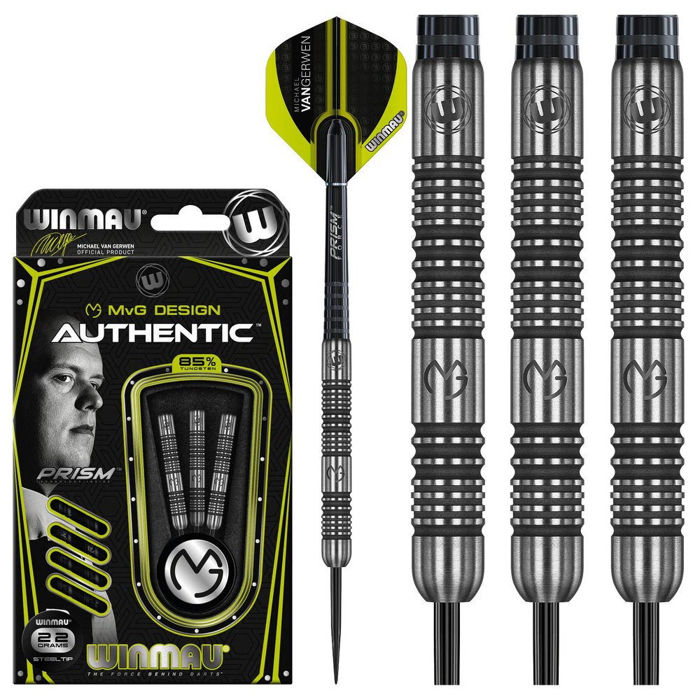 Winmau Michael Van Gerwen MvG Authentic Tungsten Steeltip Darts Set 22g with Prism Flights and Shafts (Stems)