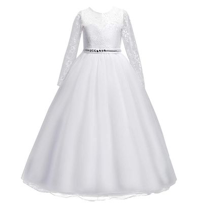 IZKIZF Girls 3/4 Sleeves Floor Length Tulle Vintage Lace Bridesmaid Wedding Dress Birthday Pageant Party Evening Gown White 11-12T