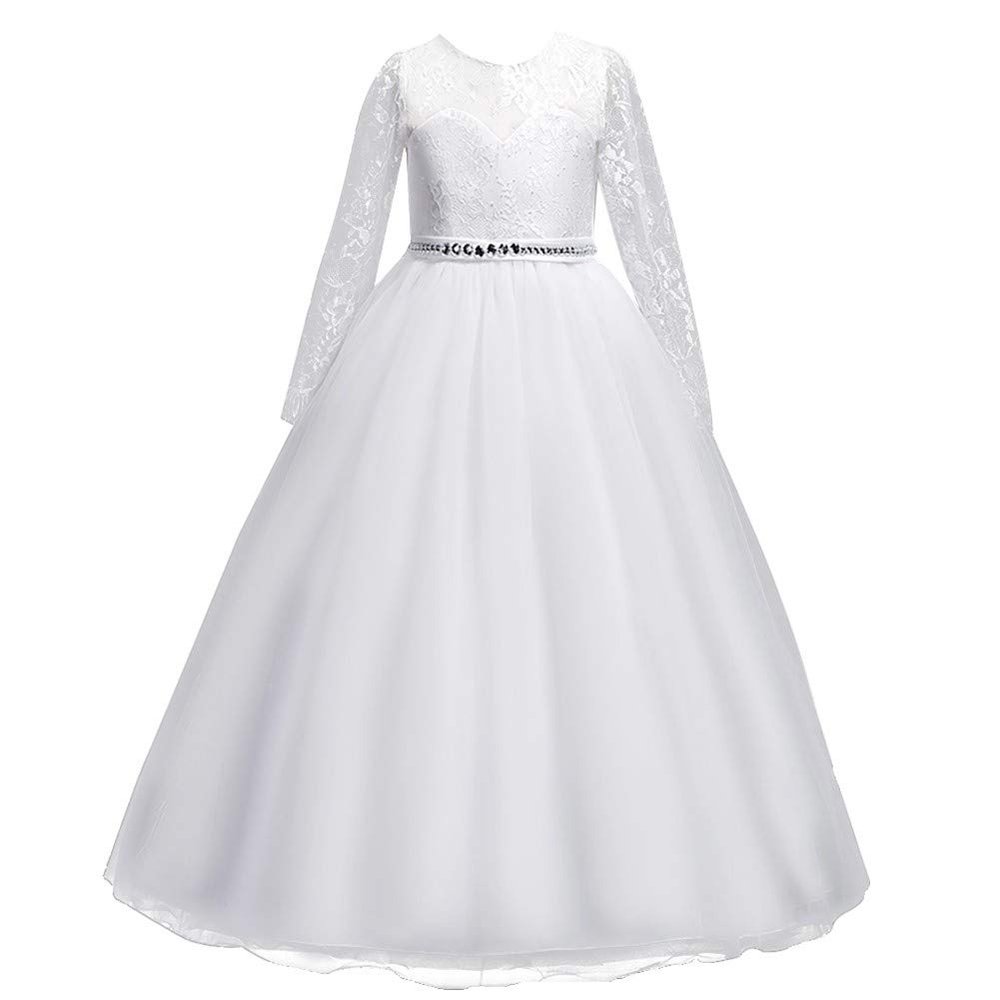 IZKIZF Girls 3/4 Sleeves Floor Length Tulle Vintage Lace Bridesmaid Wedding Dress Birthday Pageant Party Evening Gown White 11-12T