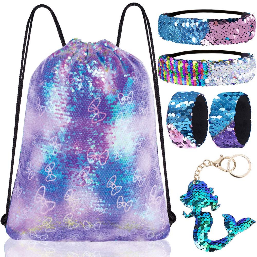 GA&EN Mermaid Reversible Sequin Drawstring Backpack/Bag Clear Iridescent Sequin+ Butterfly Shape Spotted Purple Fabric for Kids Girls One_Size