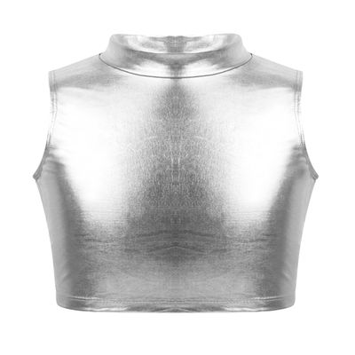 YEAHDOR Kids Girls Metallic Turtleneck Ballet Dance Stage Performance Crop Tops Gymnastics Workout Tank Top Silver 14
