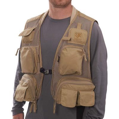 SJK Strike Fishing Vest, 12 Pockets, Neoprene Comfort Collar, Mesh Body, Rod Holder, Quick Dry Material & More, 2X-Large Khaki