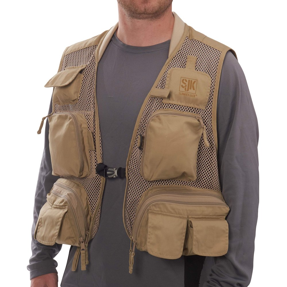 SJK Strike Fishing Vest, 12 Pockets, Neoprene Comfort Collar, Mesh Body, Rod Holder, Quick Dry Material & More, 2X-Large Khaki