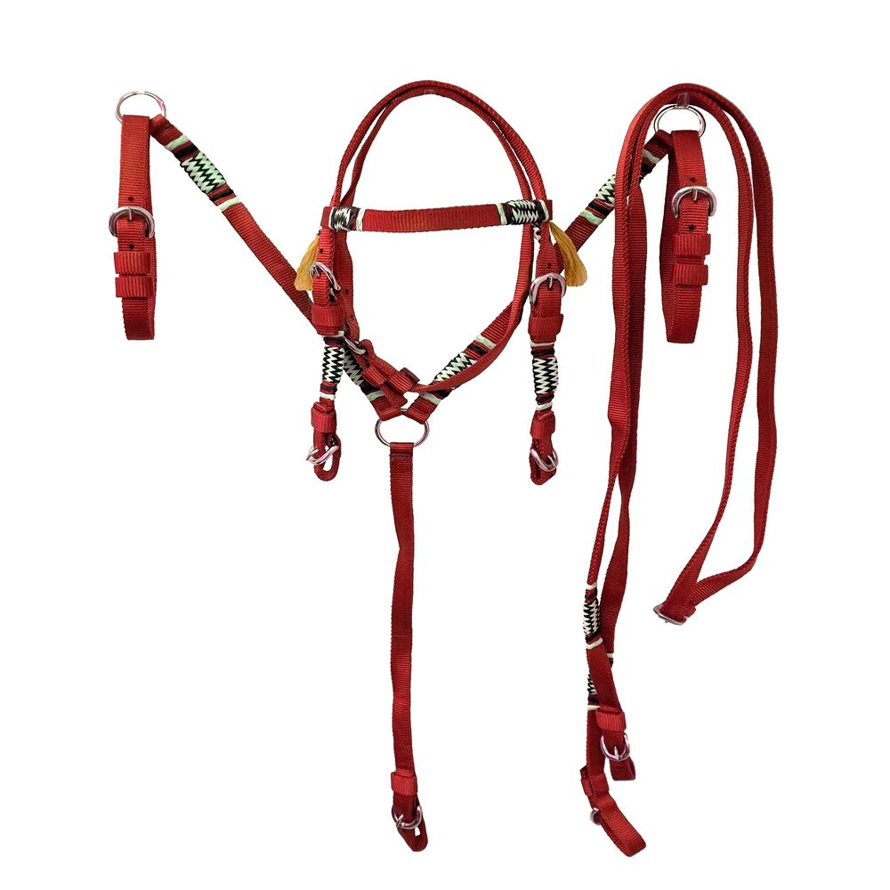 Equitem Pony Size Nylon Headstall and Breast Collar Set with Rawhide Accents (Red)