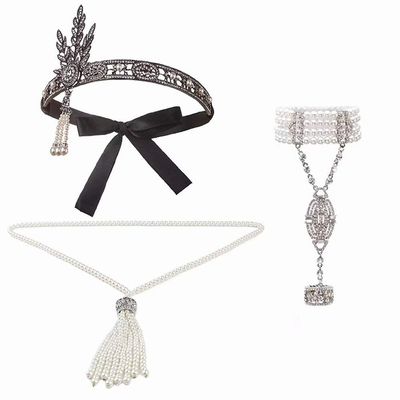 1920's Gatsby Accessories Set for Women, Flapper Costume Jewelry Set Headband Necklace Bracelets (Black)