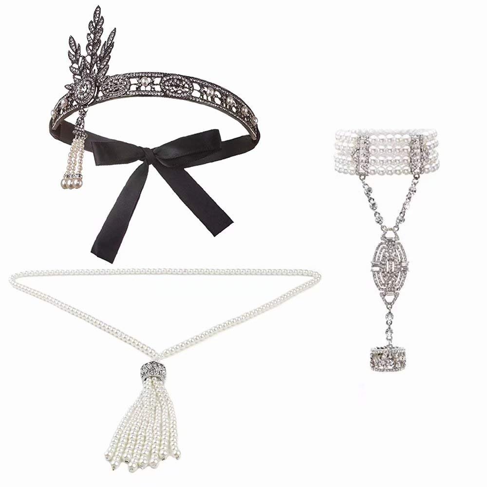 1920's Gatsby Accessories Set for Women, Flapper Costume Jewelry Set Headband Necklace Bracelets (Black)