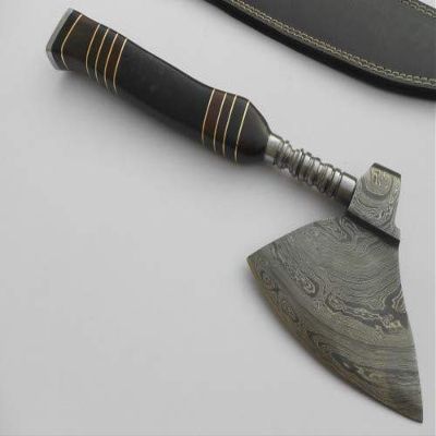 Handmade Damascus Viking Axe, Bearded Axe Chopping Axe,11" Buffalo Horn Handle Axe. Hand Forged Woodsman Axe