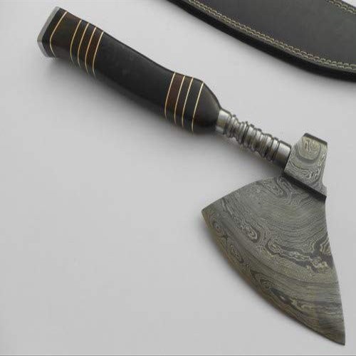 Handmade Damascus Viking Axe, Bearded Axe Chopping Axe,11" Buffalo Horn Handle Axe. Hand Forged Woodsman Axe