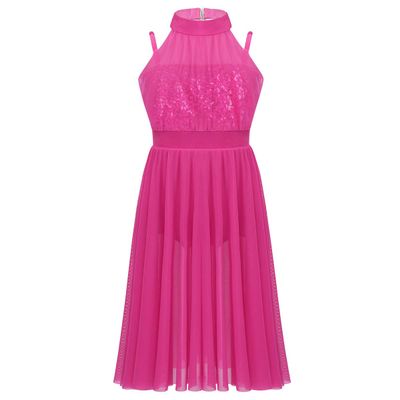 Aislor Kids Big Girls Sequins Mock Neck Shoulder Strappy Gymnastics Leotard Tulle Maxi Dress Lyrical Dancewear Rose Red 8 Years
