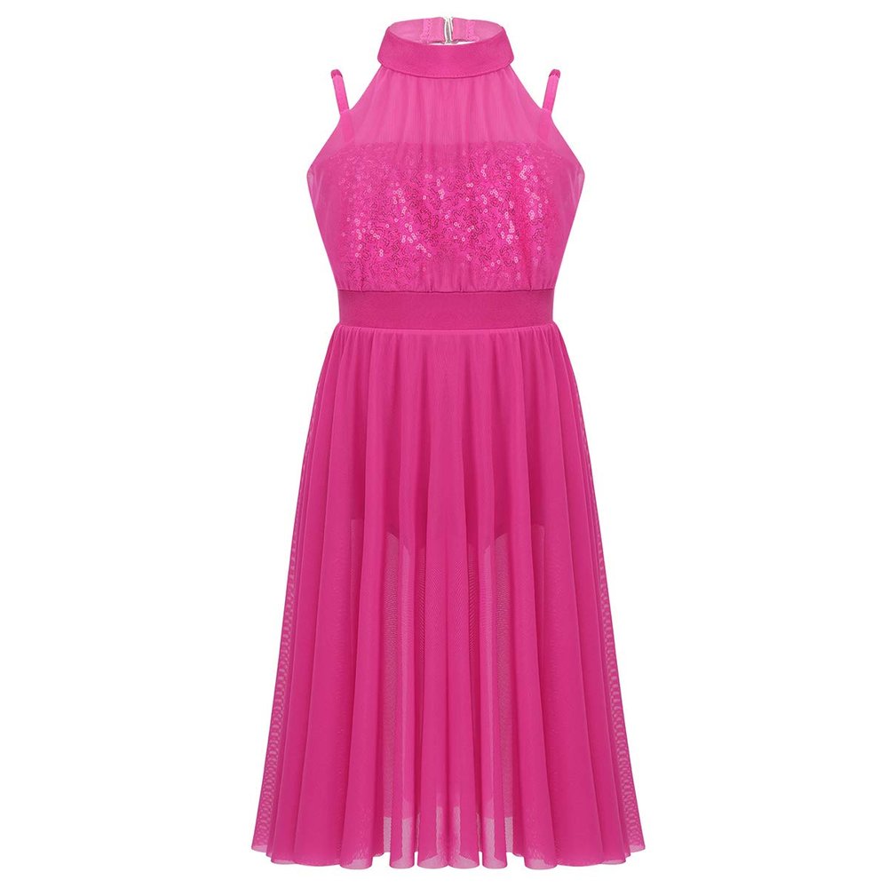 Aislor Kids Big Girls Sequins Mock Neck Shoulder Strappy Gymnastics Leotard Tulle Maxi Dress Lyrical Dancewear Rose Red 8 Years