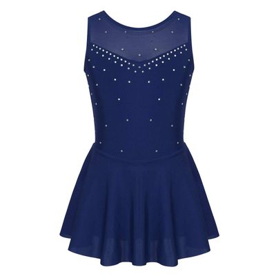 FEESHOW Girls Spakle Rhinestones Figure Ice Skating Dress Gymnastic Tank Leotard Ballet Dance Tutu Dress Navy Blue 6