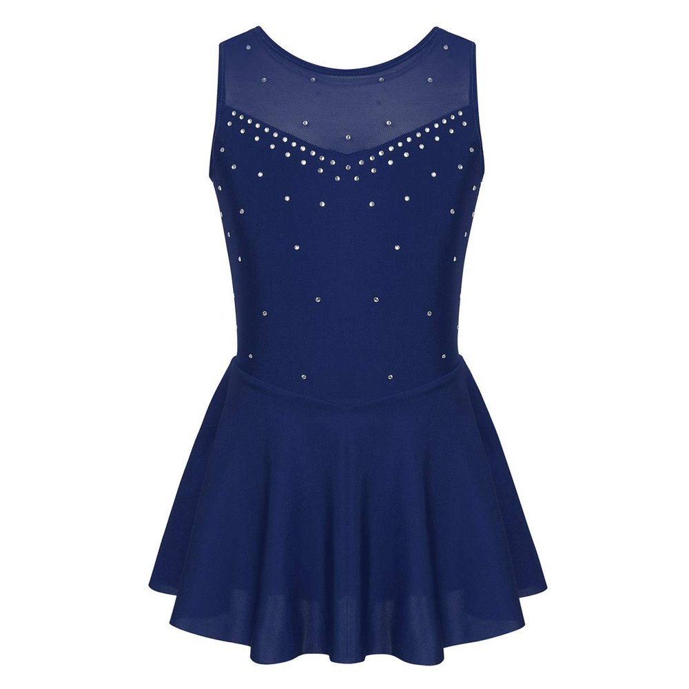FEESHOW Girls Spakle Rhinestones Figure Ice Skating Dress Gymnastic Tank Leotard Ballet Dance Tutu Dress Navy Blue 6