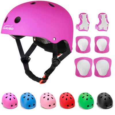 KAMUGO Kids Adjustable Helmet, with Sports Protective Gear Set Knee Elbow Wrist Pads for Toddler Age 3-8 Boys Girls, Bike Skateboard Hoverboard Scooter Rollerblading Helmet Set (Purple)