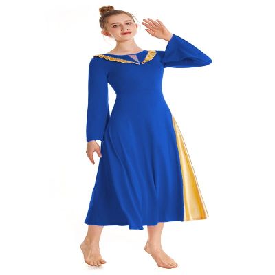 REXREII Womens Bell Sleeve V-Shaped Ruffle Worship Praise Dance Dress Bi Color Skirt Full Length Liturgical Lyrical Dancewear Royal Blue XXL