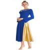 REXREII Womens Bell Sleeve V-Shaped Ruffle Worship Praise Dance Dress Bi Color Skirt Full Length Liturgical Lyrical Dancewear Royal Blue XXL view 2