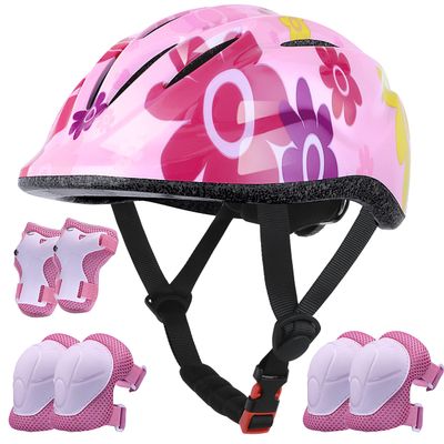 Lamsion Kids Helmet Adjustable with Sports Protective Gear Set Knee Elbow Wrist Pads for Toddler Ages 5 to 8 Years Old Boys Girls Cycling Skating Scooter Helmet-(Pink Sun Flower)