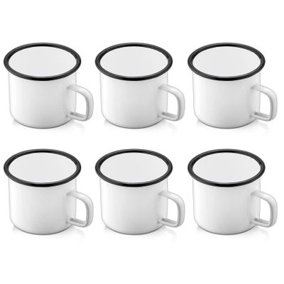 P&P CHEF Enamel Camping Coffee Mug Set of 6, Small Colored Mugs Cups for Family Gathering/Friend Party/Camping/Picnic/Fishing, Lightweight & Portable -12 Ounce, 350ML & White