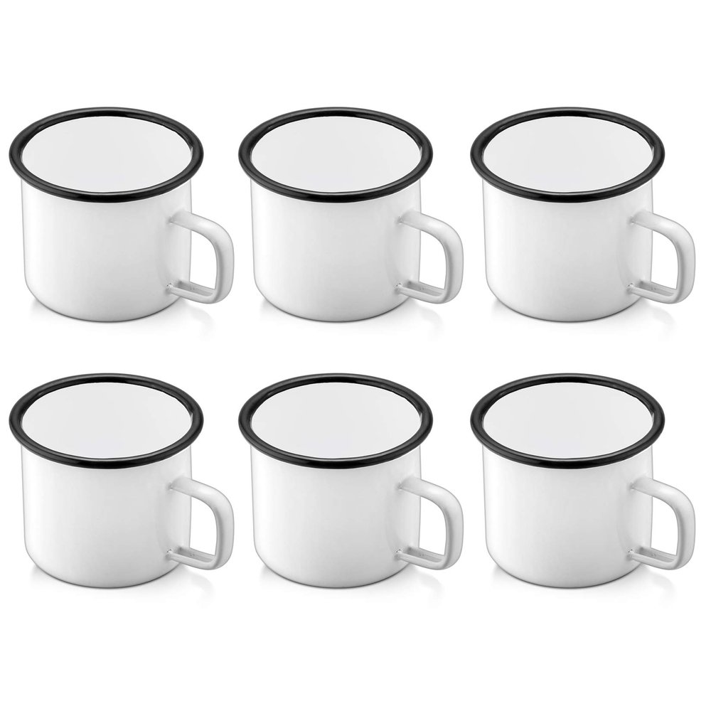 P&P CHEF Enamel Camping Coffee Mug Set of 6, Small Colored Mugs Cups for Family Gathering/Friend Party/Camping/Picnic/Fishing, Lightweight & Portable -12 Ounce, 350ML & White