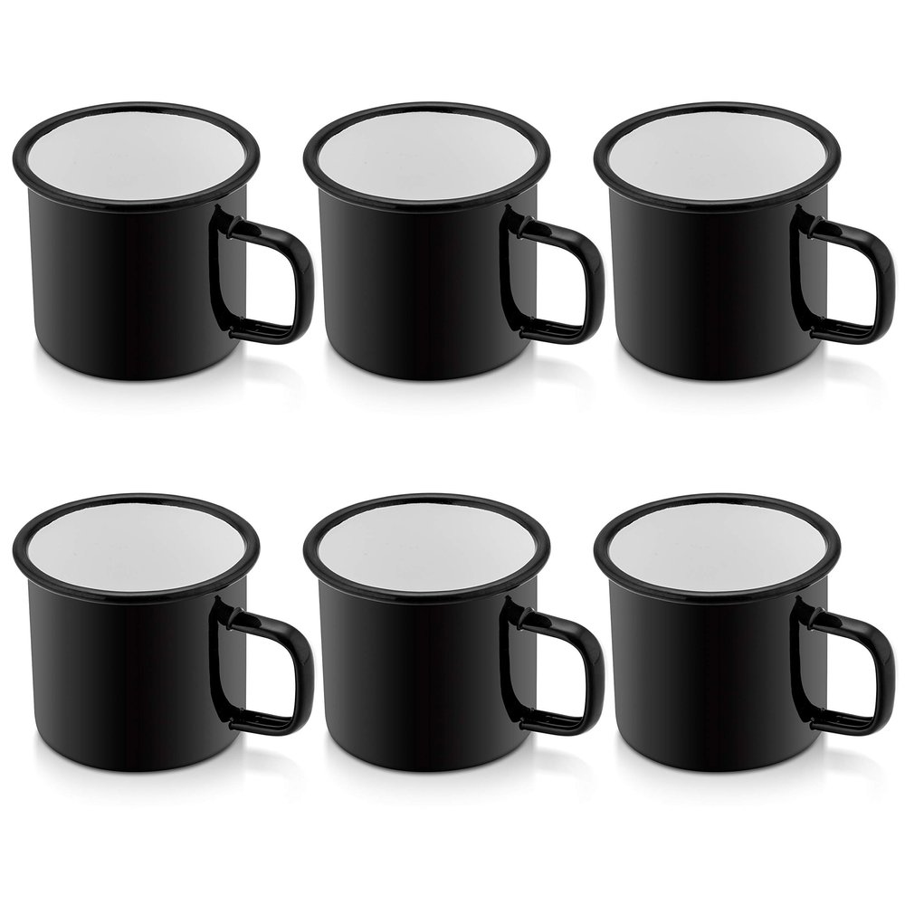P&P CHEF Enamel Camping Coffee Mug Set of 6, Small Colored Mugs Cups for Family Gathering/Friend Party/Camping/Picnic/Fishing, Lightweight & Portable -12 Ounce, 350ML & Black