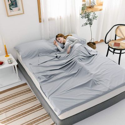 Sleeping Bag Liner Lightweight with Carry Bag, Soft Cotton Travel Sheet in Built Pillow case, for Hotel Train Trip Hiking Camping Outdoor Picnic,Gray,200x215cm(79x85)