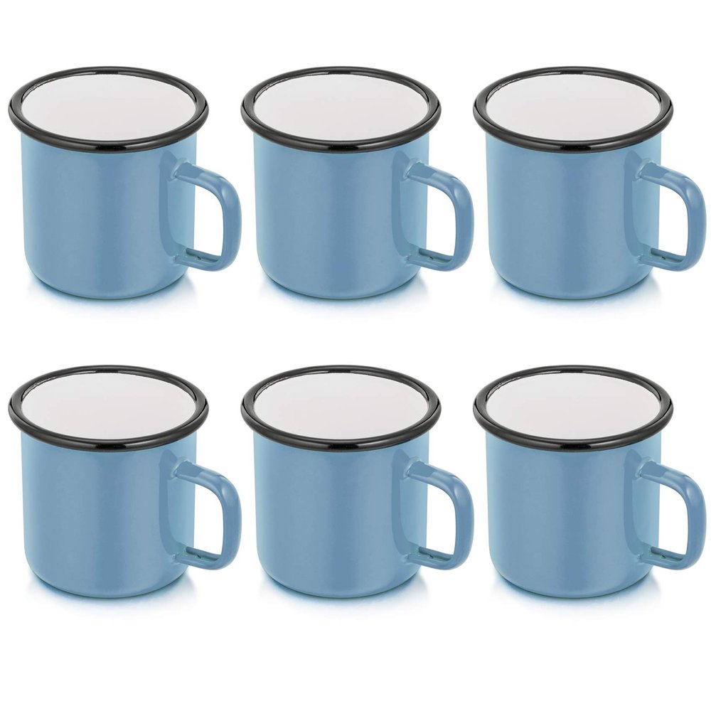 P&P CHEF Enamel Camping Coffee Mug Set of 6, Small Colored Mugs Cups for Family Gathering/Friend Party/Camping/Picnic/Fishing, Lightweight & Portable -12 Ounce, 350ML & Blue