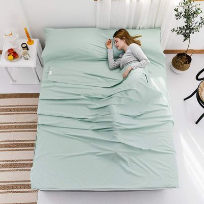 Sleeping Bag Liner Lightweight with Carry Bag, Soft Cotton Travel Sheet in Built Pillow case, for Hotel Train Trip Hiking Camping Outdoor Picnic,Green,200x215cm(79x85)