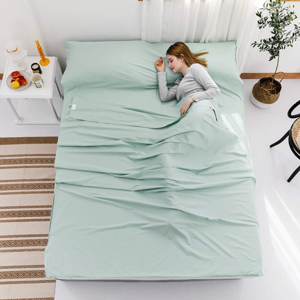 Sleeping Bag Liner Lightweight with Carry Bag, Soft Cotton Travel Sheet in Built Pillow case, for Hotel Train Trip Hiking Camping Outdoor Picnic,Green,200x215cm(79x85)