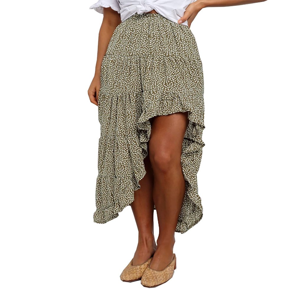 BTFBM Women 2026 Spring Summer Long Skirts Dress Boho Floral Elastic Waist Split Ruffle High Low Beach Maxi Skirt Clothes(Green, Small)