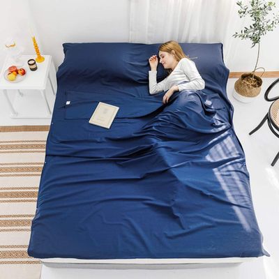 Sleeping Bag Liner Lightweight with Carry Bag, Soft Cotton Travel Sheet in Built Pillow case, for Hotel Train Trip Hiking Camping Outdoor Picnic,Navy,180x215cm(71x85)