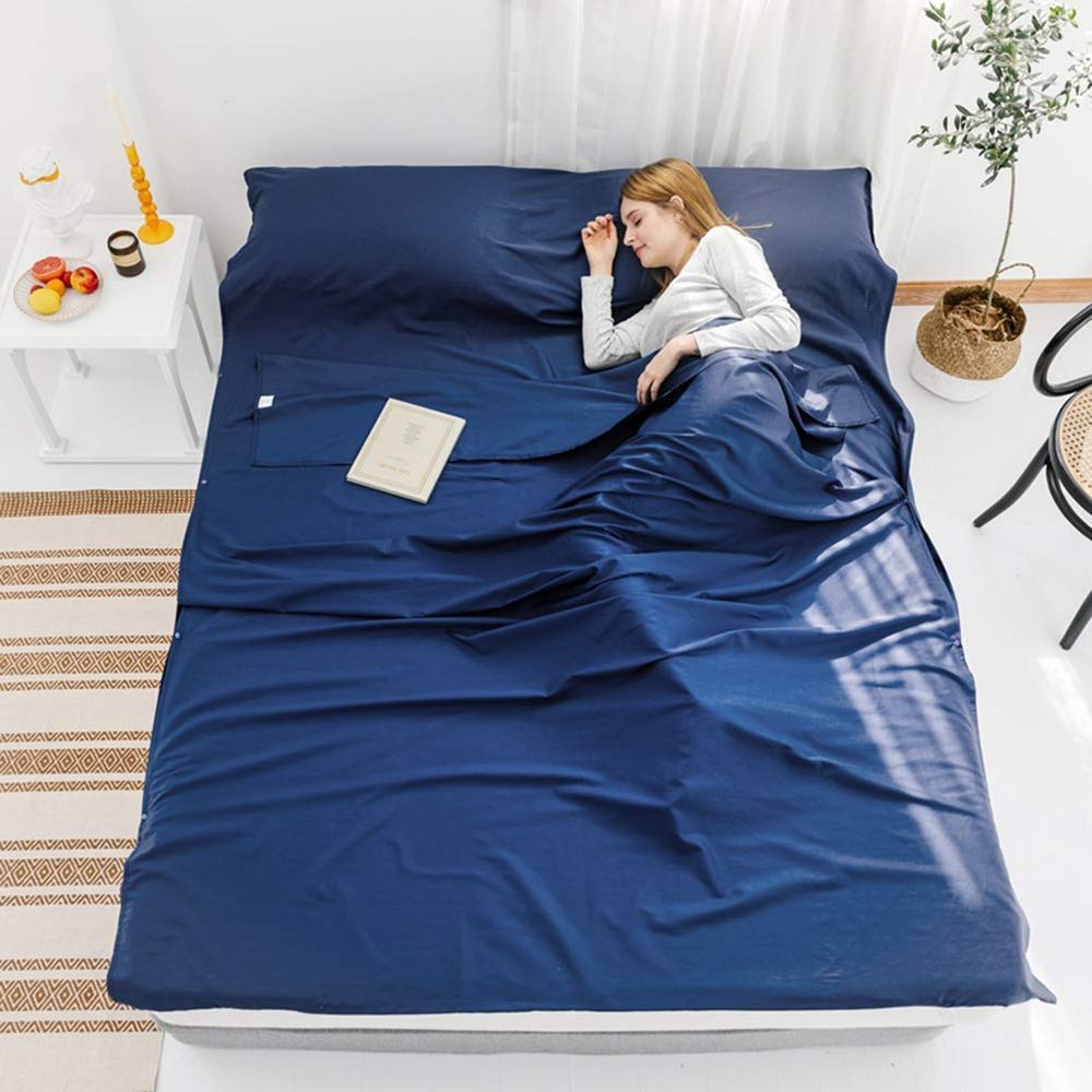 Sleeping Bag Liner Lightweight with Carry Bag, Soft Cotton Travel Sheet in Built Pillow case, for Hotel Train Trip Hiking Camping Outdoor Picnic,Navy,180x215cm(71x85)