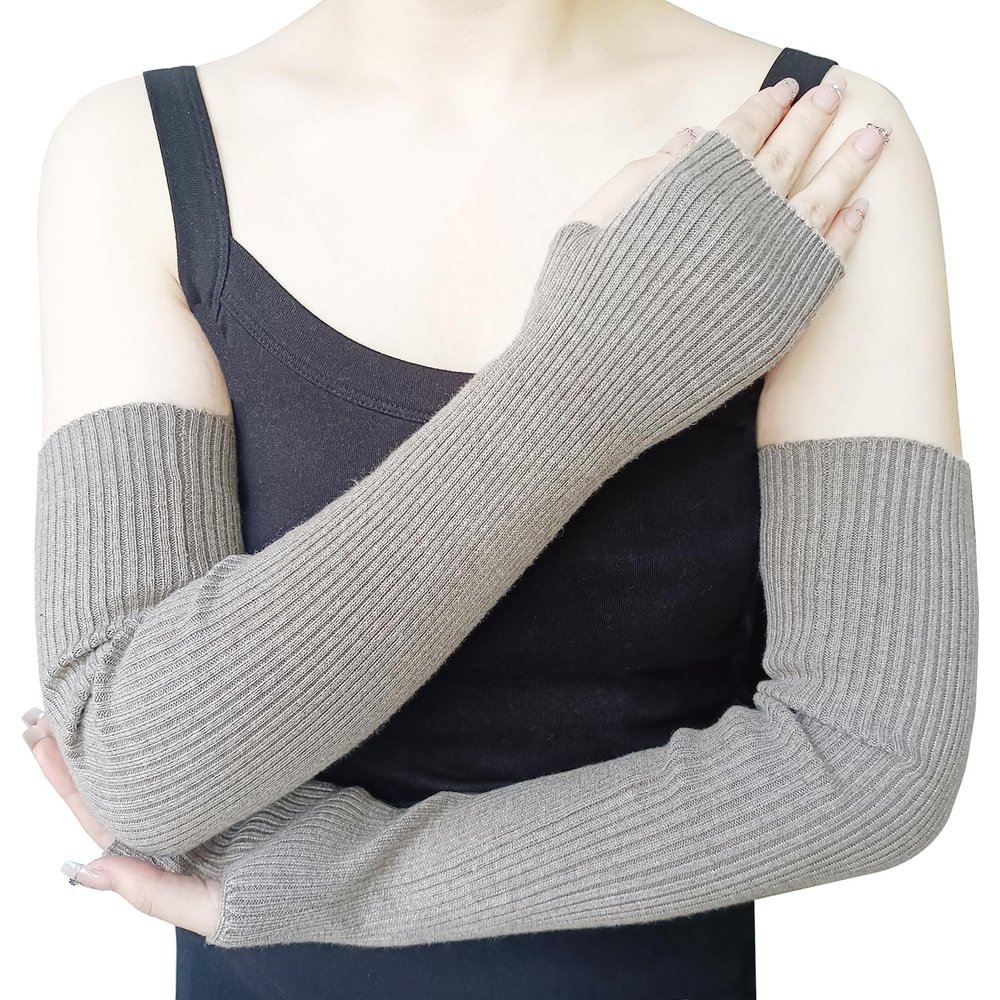 Share Maison Women's Arm Warmers with Thumb Hole Winter Fingerless Stretchy Cashmere Wool Long Gloves Sleeves (24-brown)