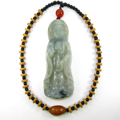 3.6" China Certified Grade A Nature Hisui Jadeite Jade Blessing Kwan-yin Hand Carved Pendants 0133