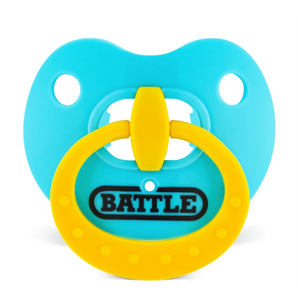 Battle Sports Binky Oxygen Football Mouthguard - Detachable Strap, Maximum Breathability, Works with Braces & No Boiling Required - Baby Blue/Yellow