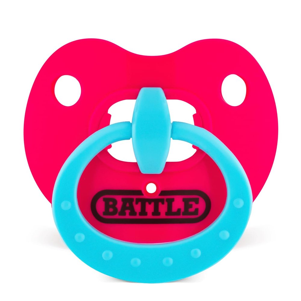 Battle Sports Binky Oxygen Football Mouthguard - Detachable Strap, Maximum Breathability, Works with Braces & No Boiling Required - Pink/Blue