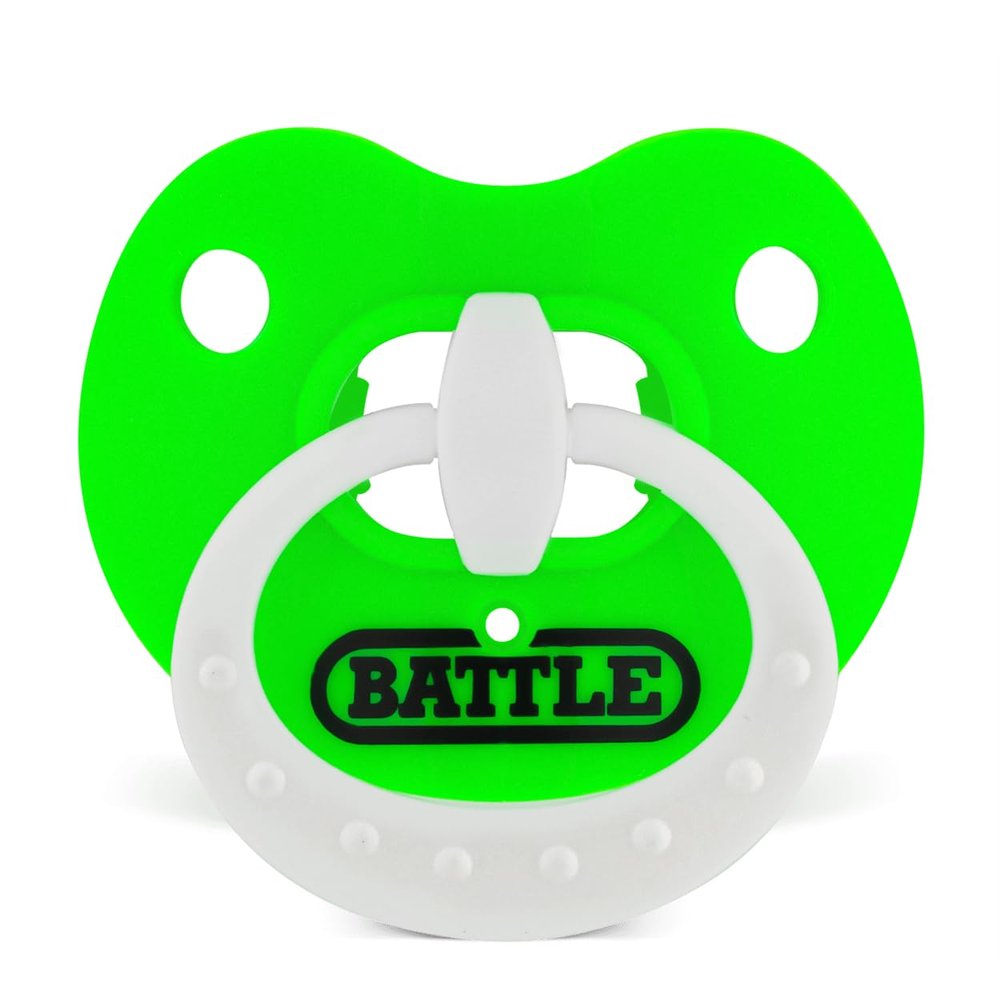 Battle Sports Binky Oxygen Football Mouthguard - Detachable Strap, Maximum Breathability, Works with Braces & No Boiling Required - Neon Green/White